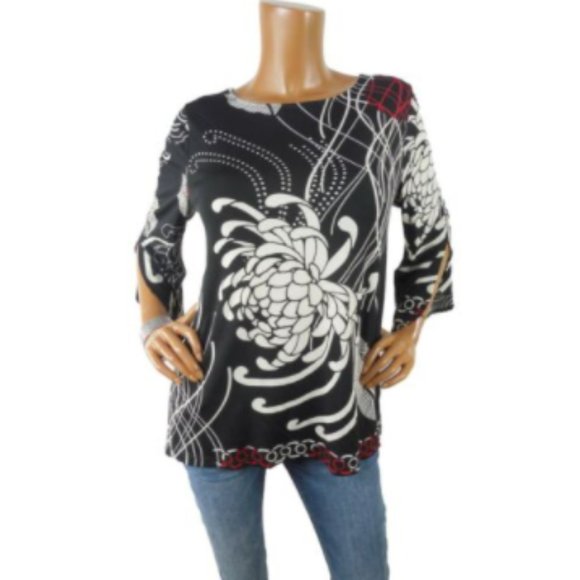 Chico's Tops - CHICO'S Top M Sz 1 Black/Red/Tan Blouse Stretch 3/4 Split Sleeves Casual Party